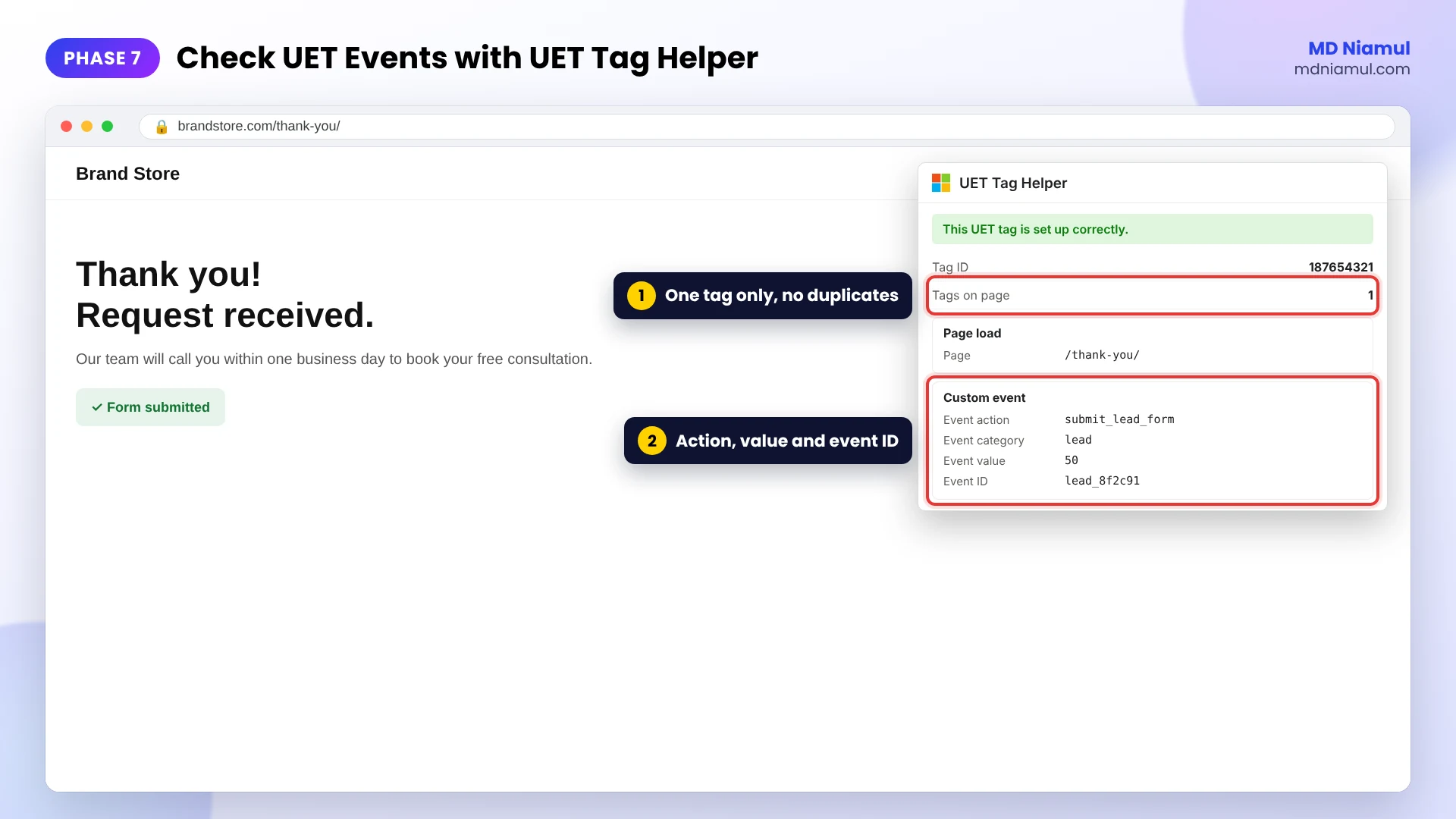 UET Tag Helper Chrome extension showing one UET tag and a custom event with action and revenue value on a page.
