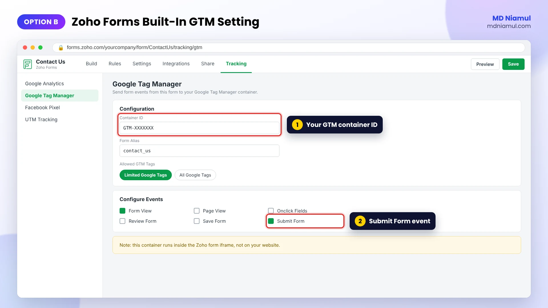 Zoho Forms Tracking tab with the built-in Google Tag Manager setting, container ID and Submit Form event.
