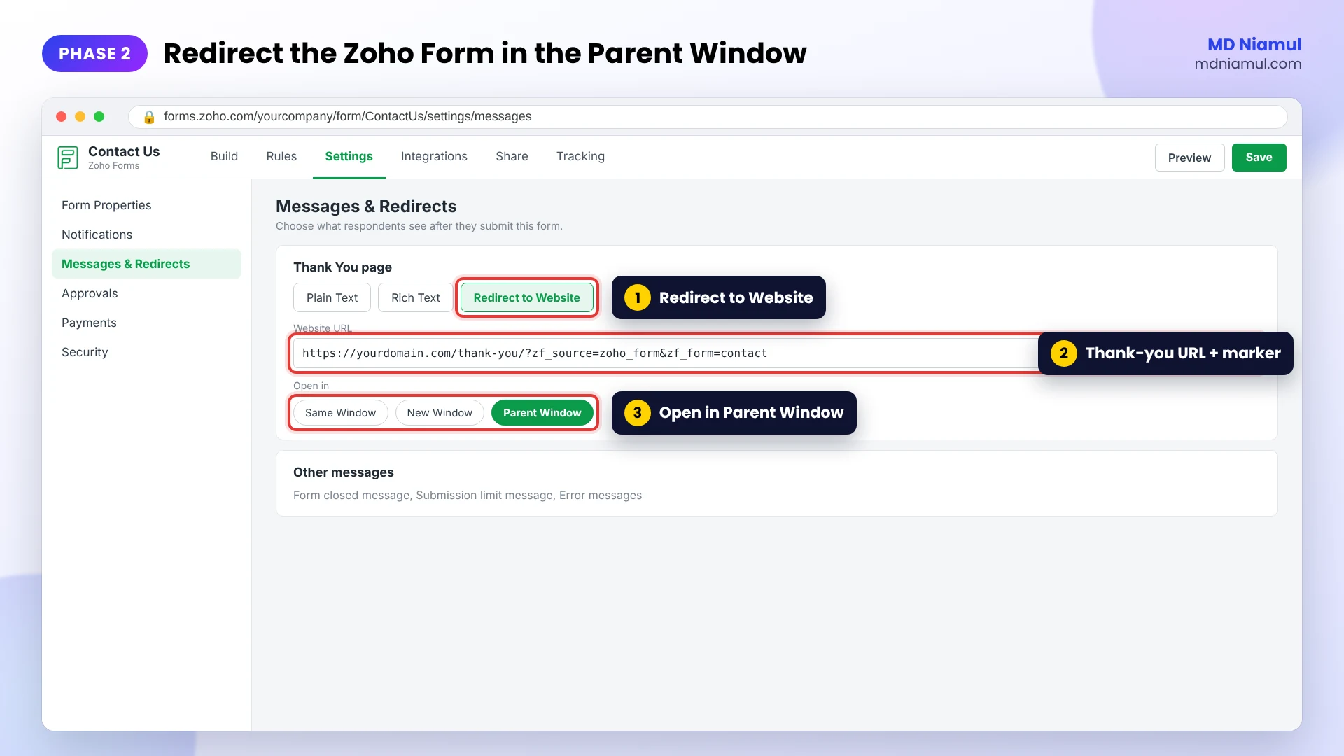 Zoho Forms Messages and Redirects settings with Redirect to Website and Open in Parent Window for GTM tracking.